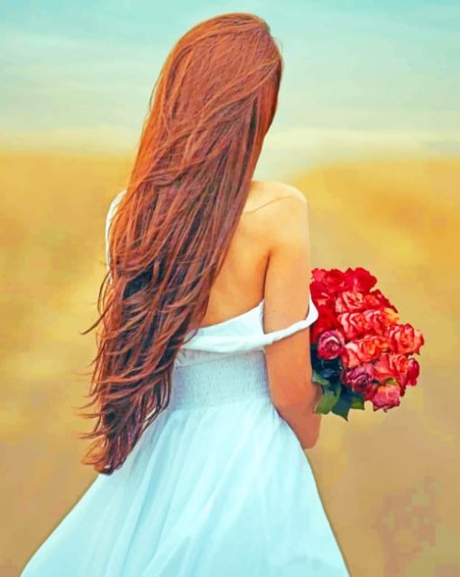 Long Hair Girl Holding Roses paint by numbers