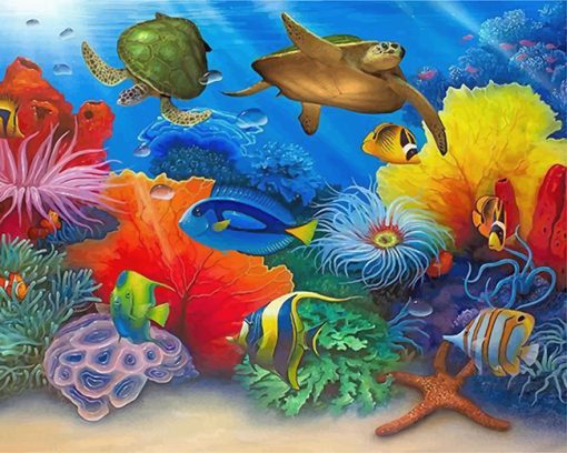 Turtles And Fishes In Sea paint by numbers