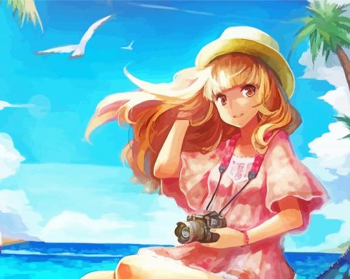 Blonde Long Hair Anime Lady By The Sea Paint by number