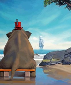 Elephant On A Bench Seascape paint by number