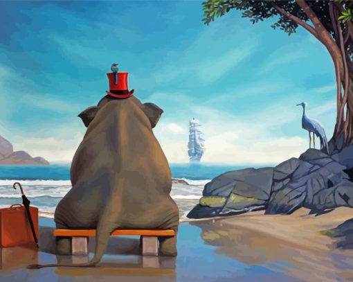 Elephant On A Bench Seascape paint by number