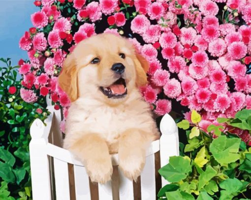 Aesthetic Puppy In Pink Flowers Illustration paint by number