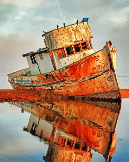 Abandoned Boat Water Reflection paint by number