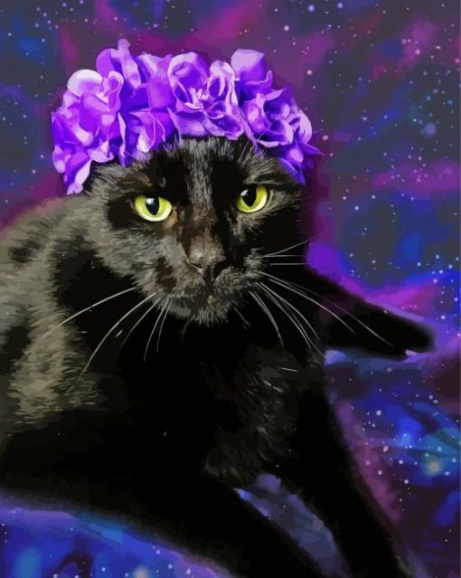 Black Cat And Purple Flowers paint by number
