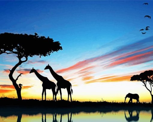 Giraffe With Elephant Silhouette paint by number