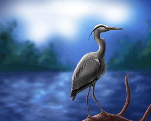 Grey Heron On Branch Art paint by number