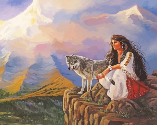 Indian Girl And Wolf paint by number