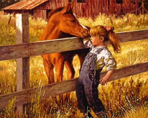 Little Girl And Horse In Farm paint by number