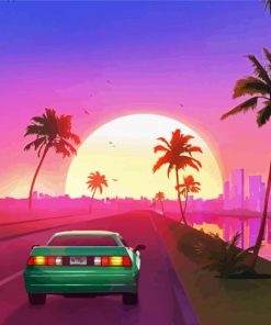 Palm Trees With Car At Sunset paint by number