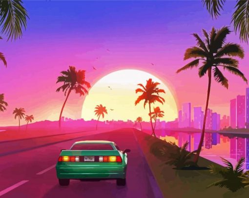 Palm Trees With Car At Sunset paint by number