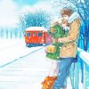 Anime Couple And Red Train In Snow Paint by number