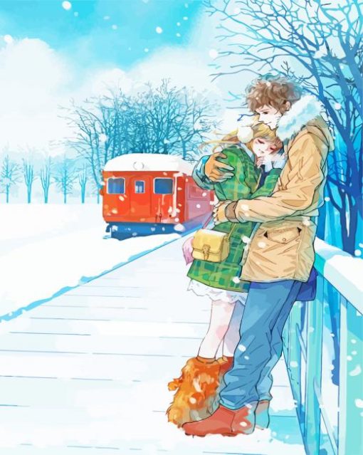 Anime Couple And Red Train In Snow Paint by number