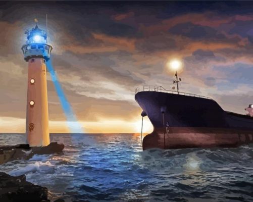 Seascape Ship Lighthouse paint by number