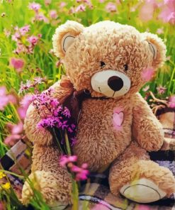 Teddy Bear In Flowers Field paint by number