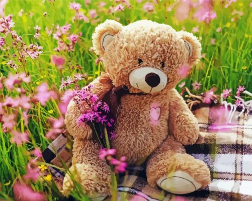 Teddy Bear In Flowers Field paint by number