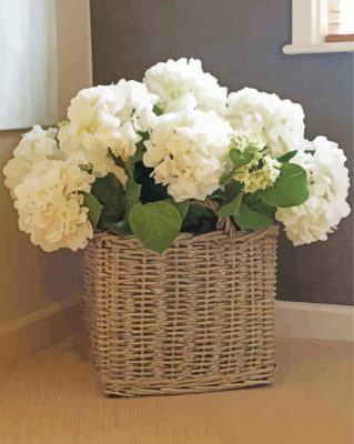 White Basket With Hydrangeas Paint by number