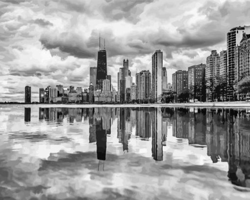Black And White Chicago Water Reflection Paint By Numbers