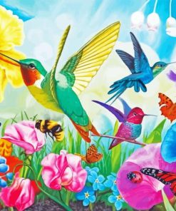 Butterflies And Hummingbirds On Flowers Paint By Numbers