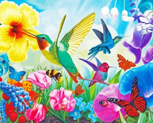 Butterflies And Hummingbirds On Flowers Paint By Numbers