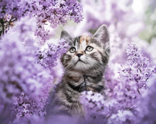 Cat In Purple Flowers Field Paint By Number