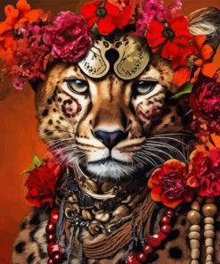 Cheetah With Flowers And Jewels Paint By Numbers