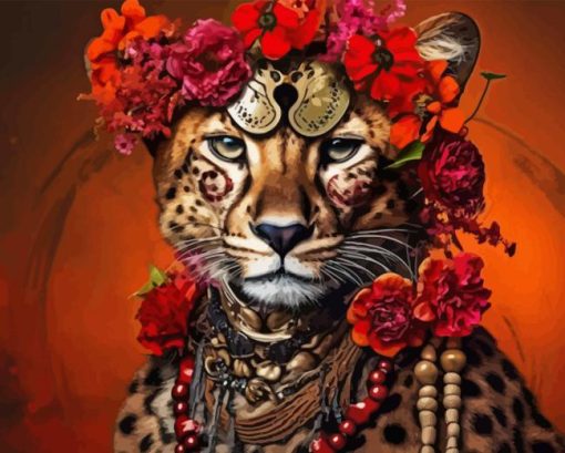 Cheetah With Flowers And Jewels Paint By Numbers