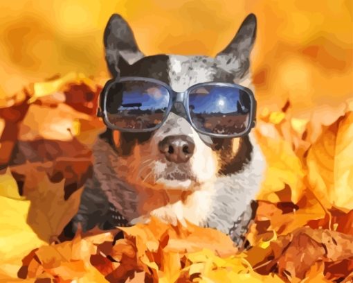 Dog With Sunglasses In Leaves Paint By Number