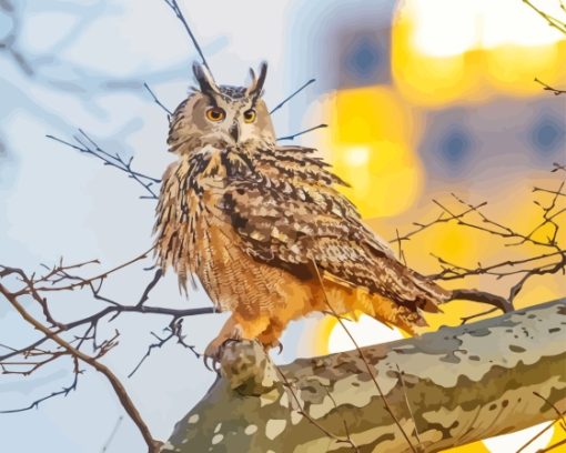 Eurasian Eagle Owl On Tree Paint By Number