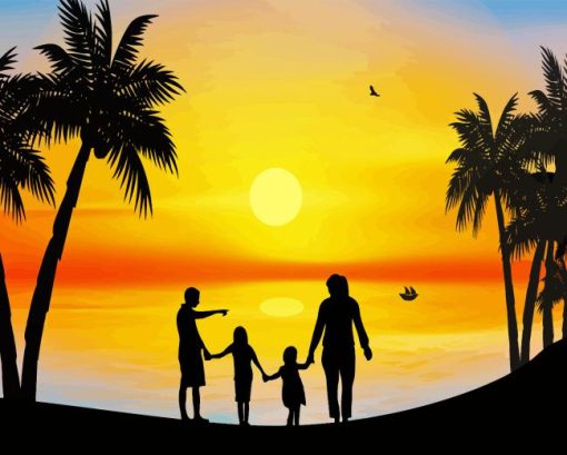 Silhouette Of Family On Beach Illustration Paint By Numbers