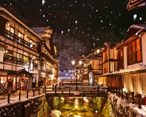 Snowy Day In Ginzan Onsen Paint By Number