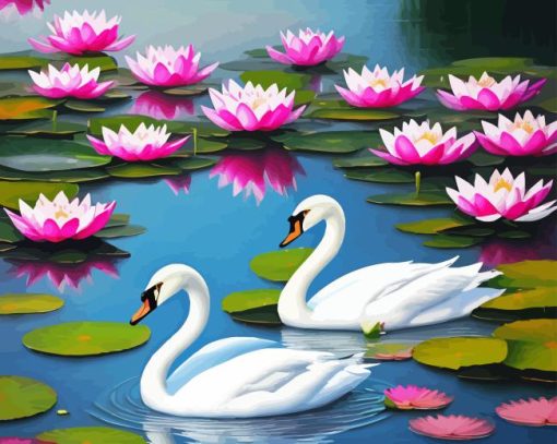 Swan And Waterlilies Flowers Paint By Numbers