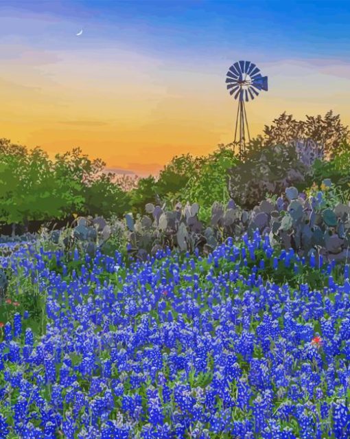Texas Bluebonnets Field With Windmill Paint By Number