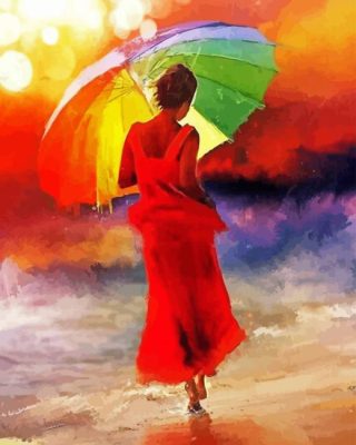 Woman Holding Umbrella On Beach Paint By Numbers