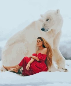 Woman In Red Dress In Snow With Bear Paint By Number