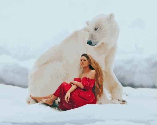 Woman In Red Dress In Snow With Bear Paint By Number