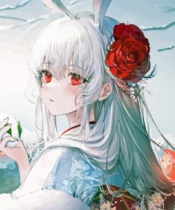Anime Japanese Girl And Red Flowers Paint By Numbers