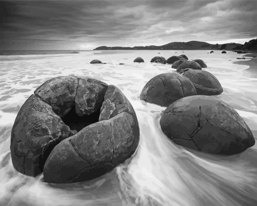 Black And White Moeraki Boulders Beach Paint By Number