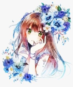 Blue Floral Anime Girl Paint By Number