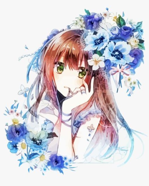 Blue Floral Anime Girl Paint By Number