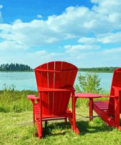 Elk Island National Park Lake With Red Chairs Paint By Number