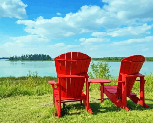 Elk Island National Park Lake With Red Chairs Paint By Number