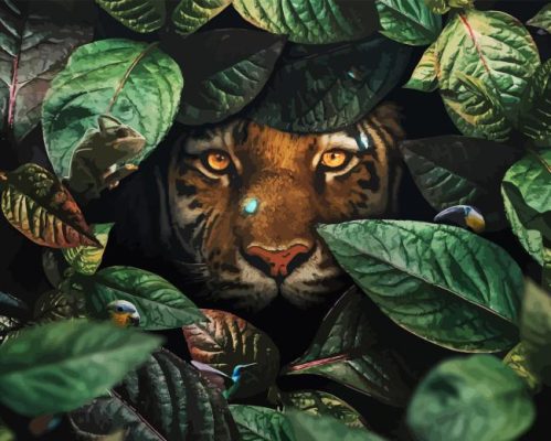 Tiger Behind Large Leaves Paint By Numbers