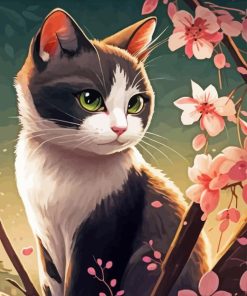 Cat And Cherry Blossoms Paint By Numbers