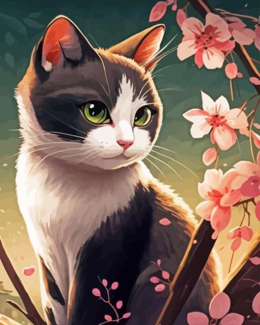 Cat And Cherry Blossoms Paint By Numbers