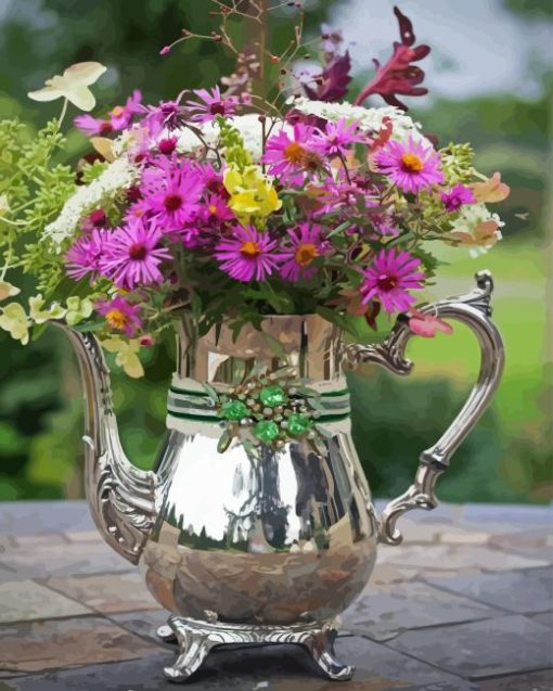 Flowers In A Silver Pitcher Paint By Numbers