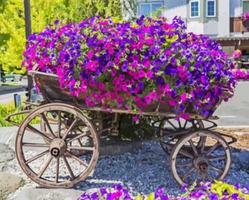 Purple Flowers In A Wagon Paint By Numbers