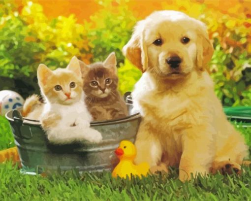 Kittens And Golden Puppy Paint By Number