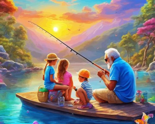 Kids And Grandpa Fishing Paint By Numbers