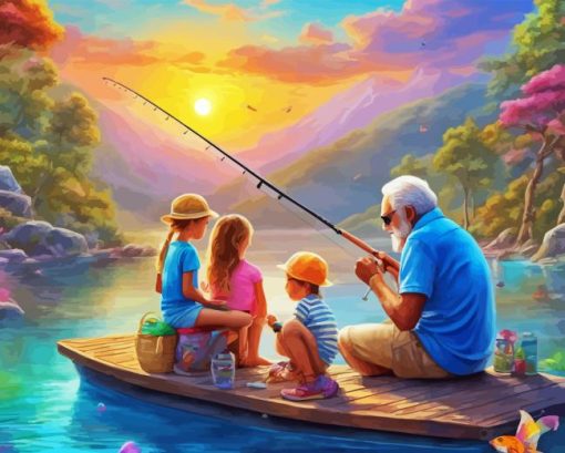 Kids And Grandpa Fishing Paint By Numbers