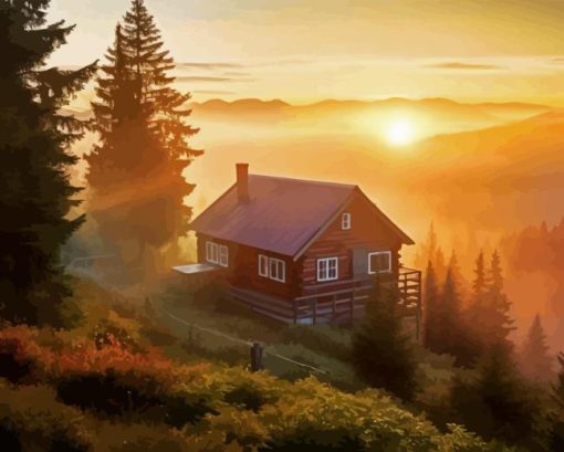 Log Cabin Sunset Paint By Number